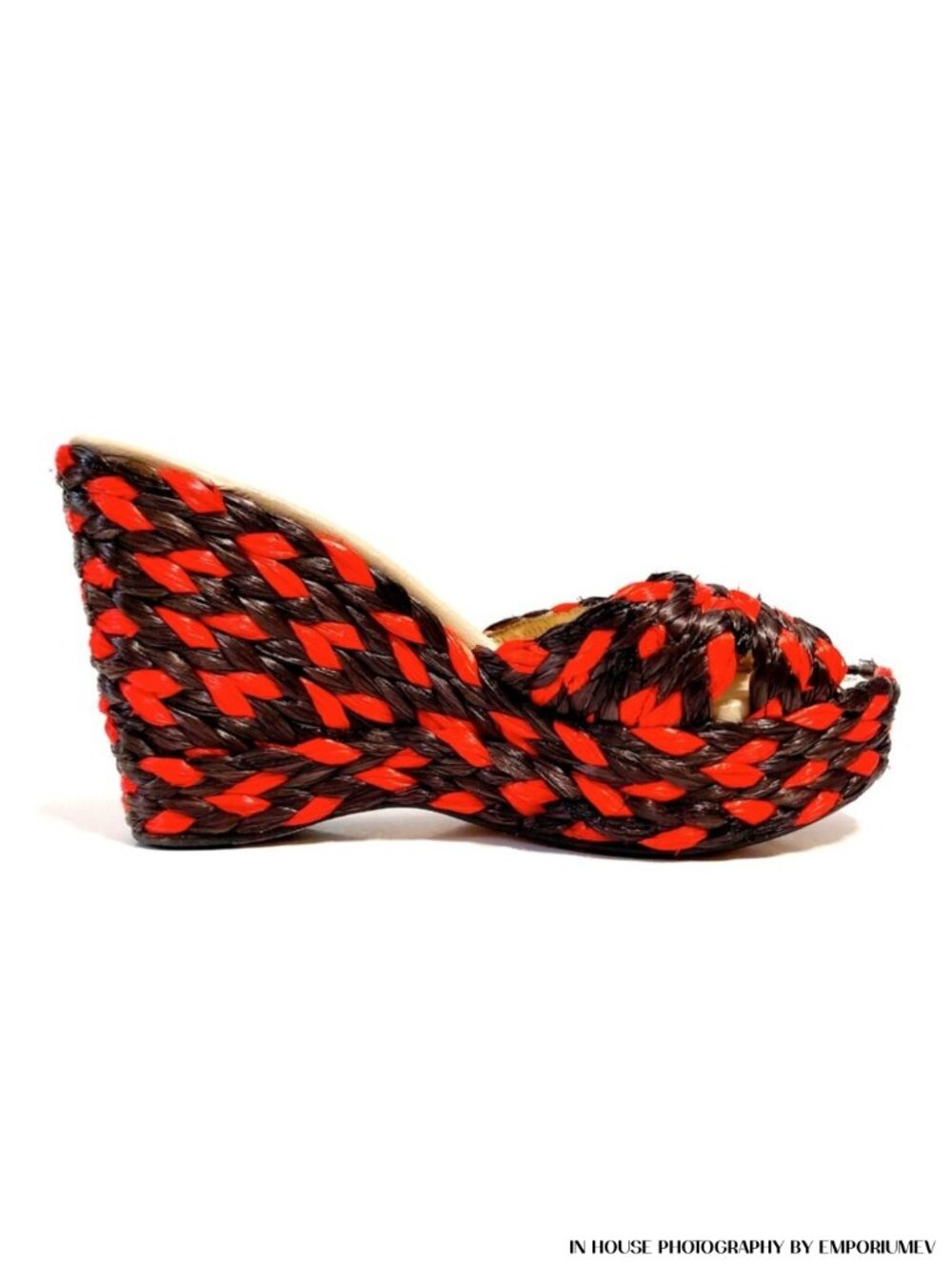 Jimmy Choo Woven Raffia Orange Mahoganey Wedge Mules